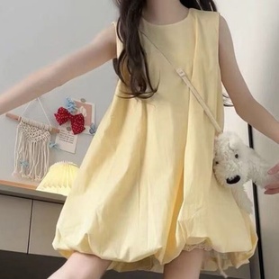 奶黄色无袖 小个子甜美度假风蓬蓬短裙子 背心花苞连衣裙女夏季 新款