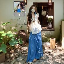 温柔风旅游穿搭套装女夏季新款白色蕾丝刺绣娃娃衫搭配休闲裤显瘦