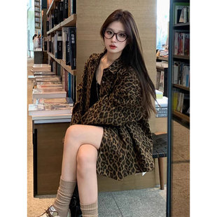 豹纹长袖衬衫外套秋装女款2025年新款中长款宽松美式复古外搭上衣