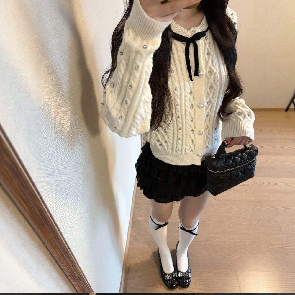 小香风蝴蝶结麻花针织开衫上衣女设计感甜美气质毛衣外套半裙秋冬