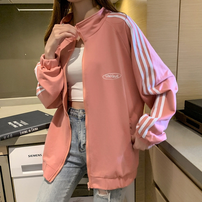 2024秋冬季薄款外套女装拉链开衫立领潮酷三道杠卫衣少女学生上衣