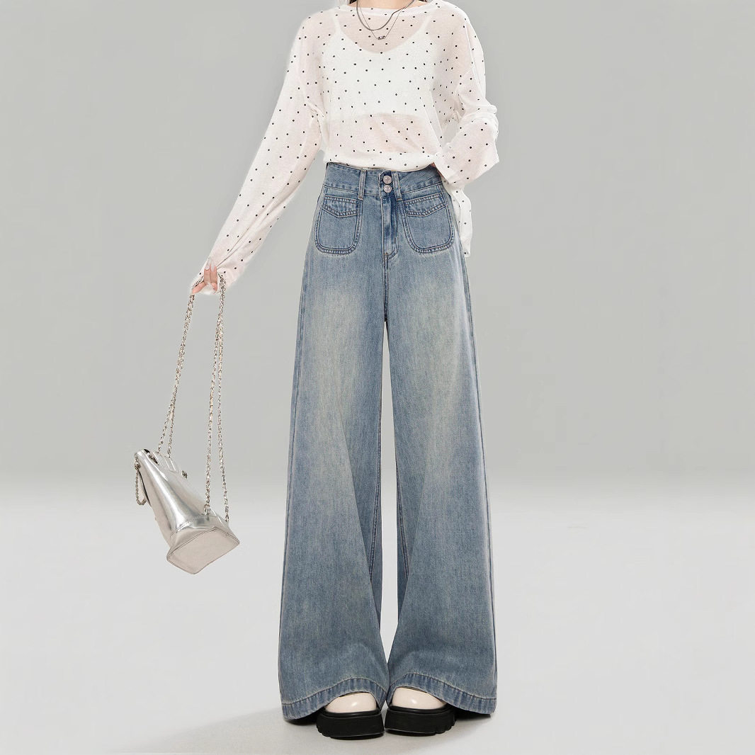 浅蓝色高腰宽松牛仔裤女