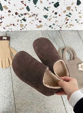 可千凡勃肯鞋女2025冬新款真皮厚底加绒休闲一脚蹬棉鞋潮2572-25