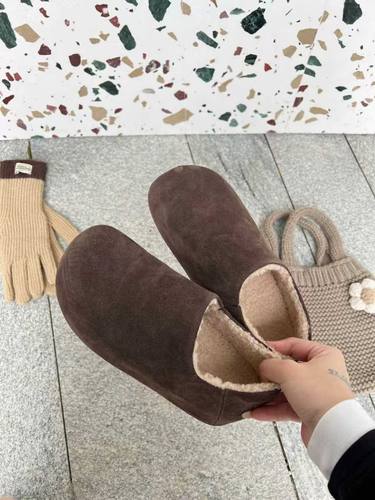 可千凡勃肯鞋女2025冬新款真皮厚底加绒休闲一脚蹬棉鞋潮2572-25