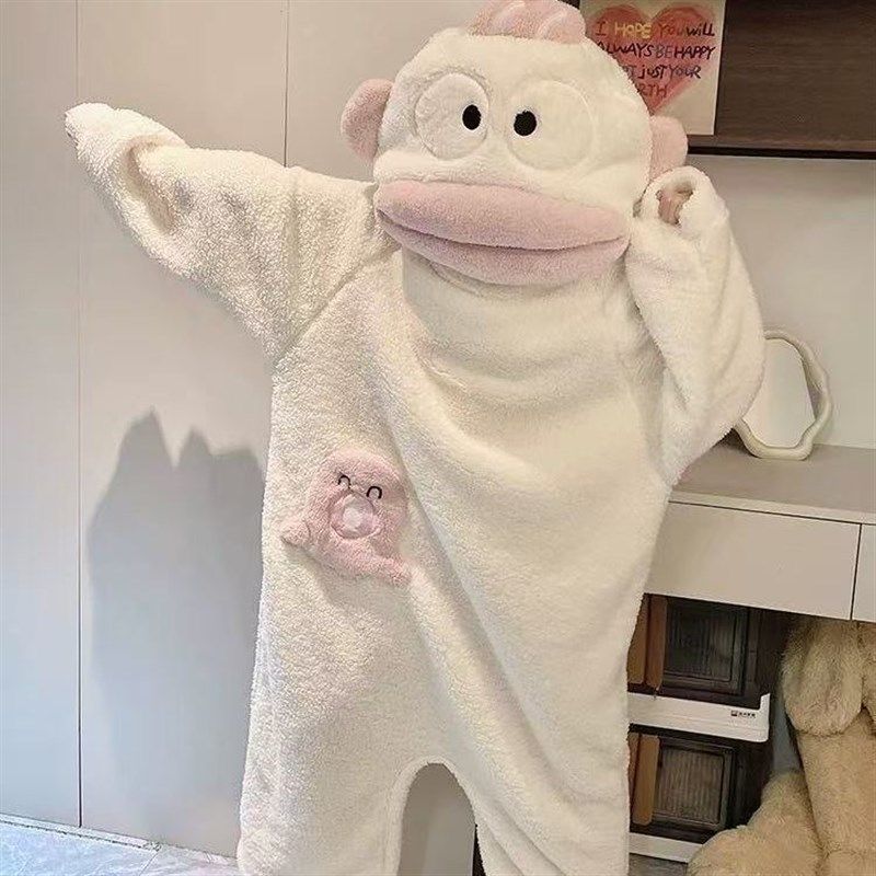 丑鱼连体睡衣女成人一体式连帽睡袍冬季情侣新款家居服搞怪大嘴鱼