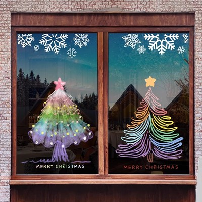 圣诞节装饰彩色玻璃贴圣诞树主题贴纸节日造景氛围布置橱窗静电贴