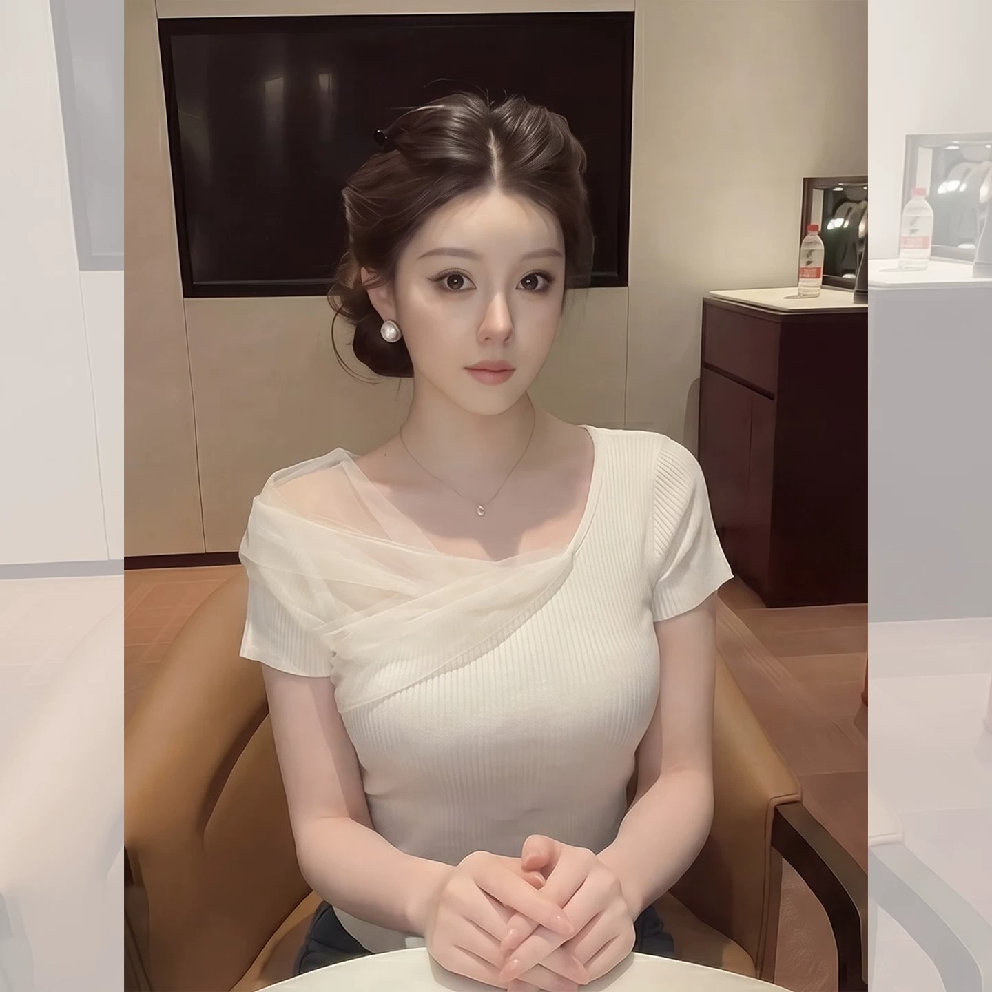 白色u领短袖t恤女夏2026新款独特漂亮巨好看的网纱拼接正肩小上衣