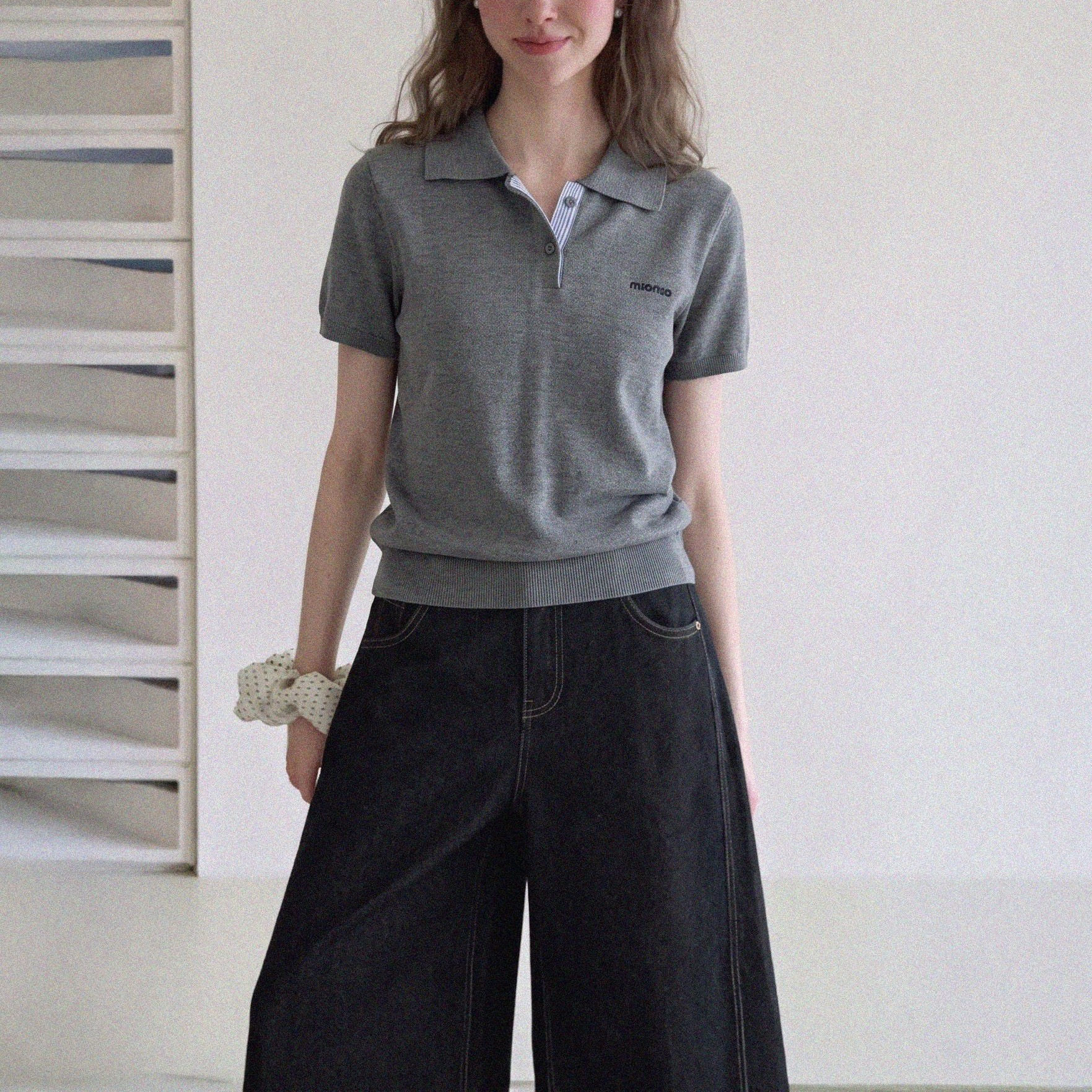 韩系灰色polo领假两件正肩短袖T恤女夏季高级感宽松短款翻领上衣