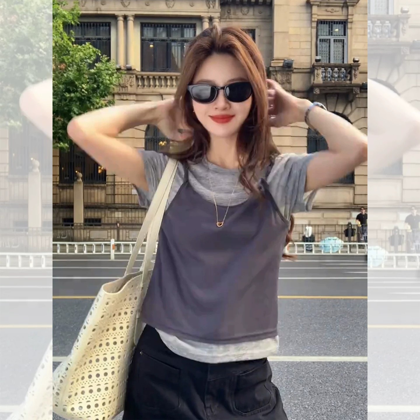 韩系chic别致灰色假两件短袖T恤女夏季2026新款绝美设计感小上衣