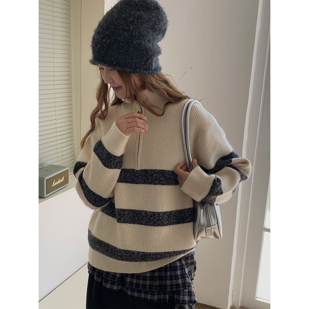 韩系半拉链高领条纹毛衣秋冬坑条宽松上衣慵懒休闲套头针织衫ZEZ,女装/女士精品,毛衣,淘宝优惠券,粉丝福利购,淘宝优惠卷