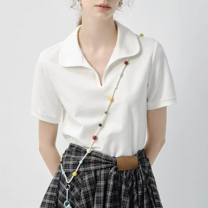 正肩翻领短袖T恤女夏2025春新款韩版宽松显瘦Polo衫体恤半袖上衣
