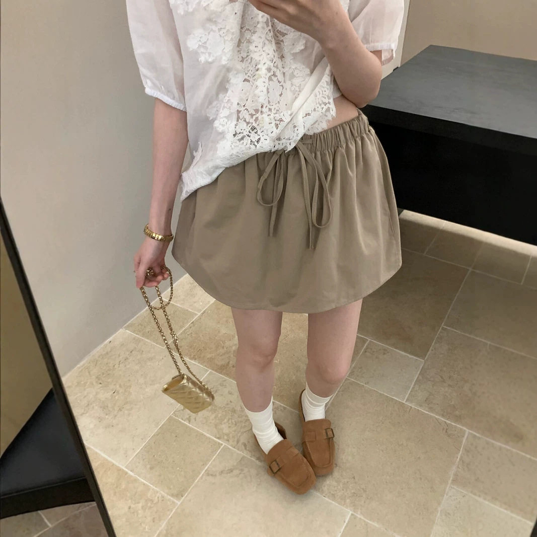卡其色松紧腰裙裤半身裙女夏韩版百搭简约花苞裙休闲系带短裙子