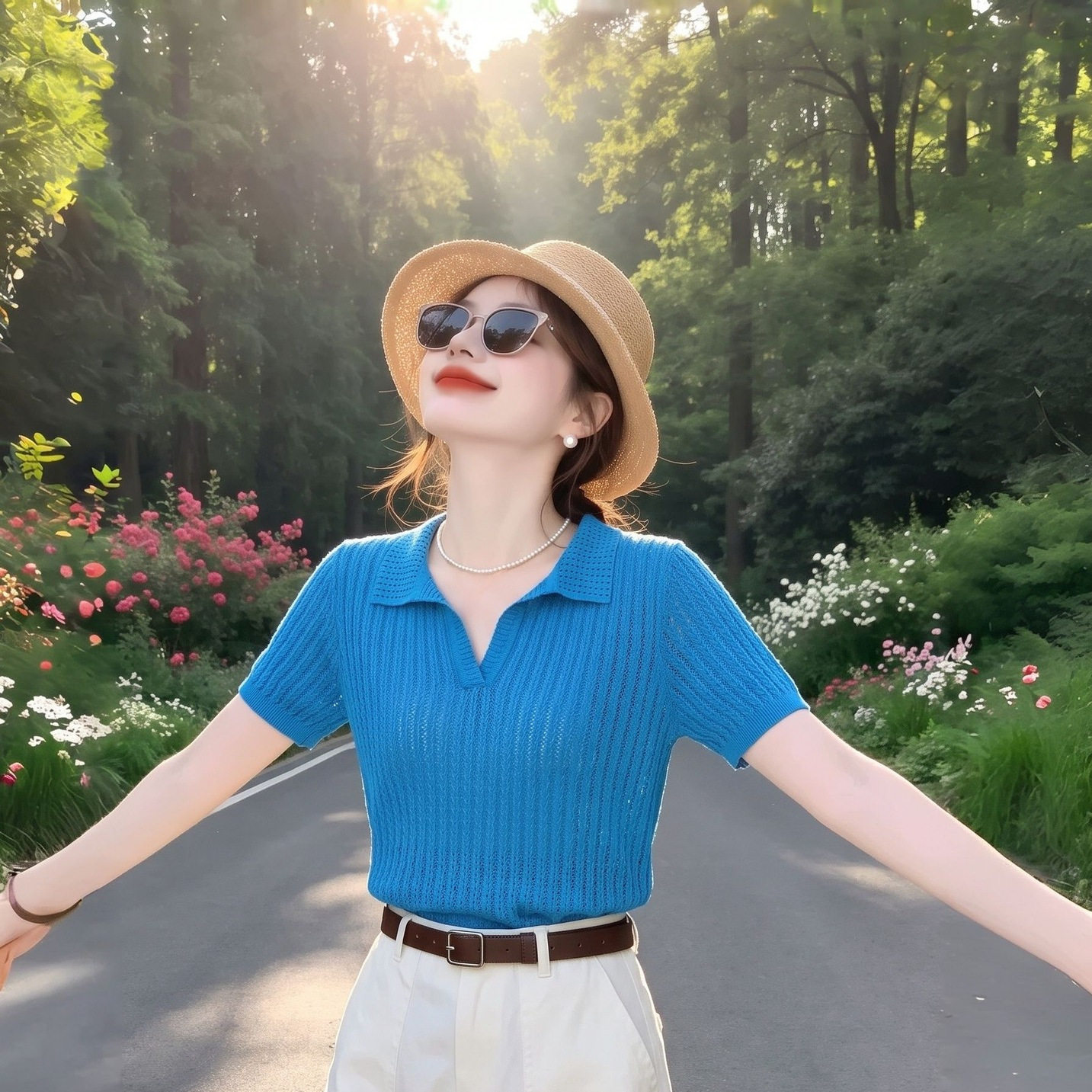 韩系别致翻领短袖上衣女夏季2026新款修身显瘦通勤百搭纯色针织衫