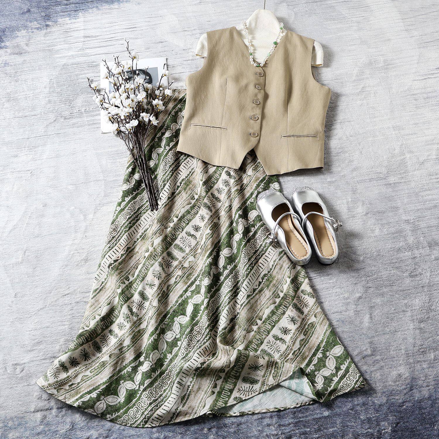 南油女装搭配一整套亚麻夏季女套装马甲半身裙长裙时尚气质两件套