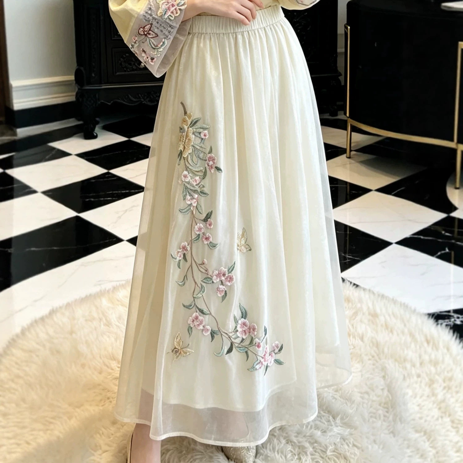 新中式国风刺绣仙女中长款半身裙文艺复古新款汉服A字裙新品半裙