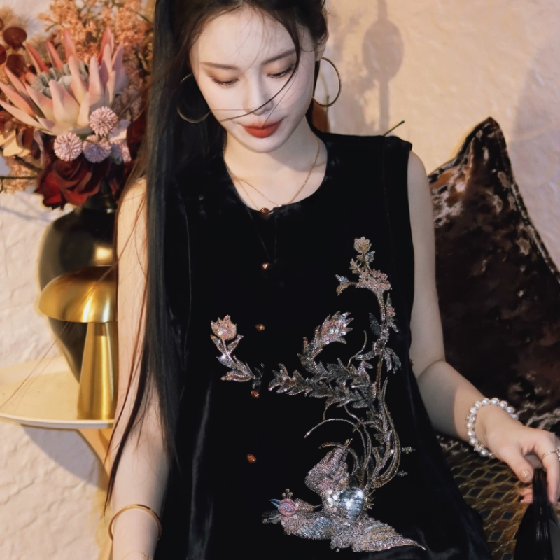 秋款新中式真丝丝绒凤凰法绣马甲