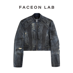 【丁禹兮同款】FACEONLAB 深色阿基拉牛仔机车服水洗擦色牛仔夹克