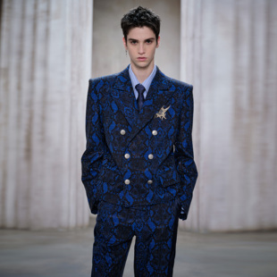 西服 FACEONLAB原创蓝色领主双排扣蛇纹满钻明星款 陈小春同款