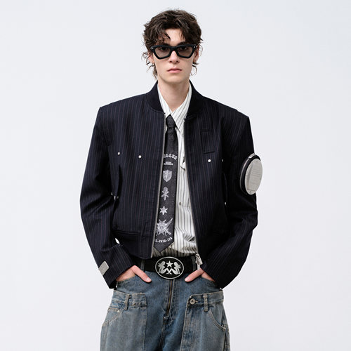 飞上来FACEONLAB金属臂章MA-1深色西装夹克精仿羊毛新贵极简外套