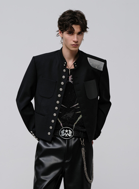 飞上来FACEONLAB纪念乐章金属肩片制服立领休闲西装短款男士夹克