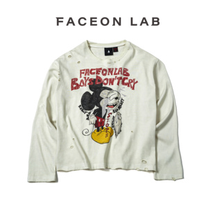 今日青年FACEONLAB 复古做旧破坏白色悲伤米奇长袖 宽松百搭T恤