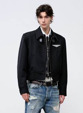 飞上来FACEONLAB原创精仿羊毛短款拉链翻领极简男装黑色长袖夹克
