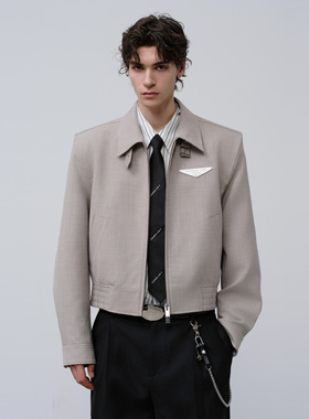 飞上来FACEONLAB原创精仿羊毛短款拉链翻领极简男装灰色长袖夹克