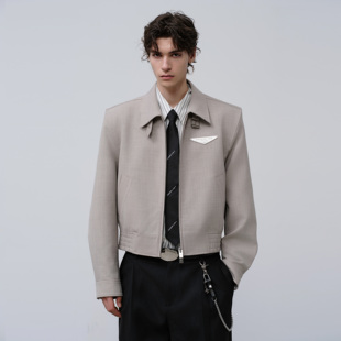 飞上来FACEONLAB原创精仿羊毛短款拉链翻领极简男装灰色长袖夹克