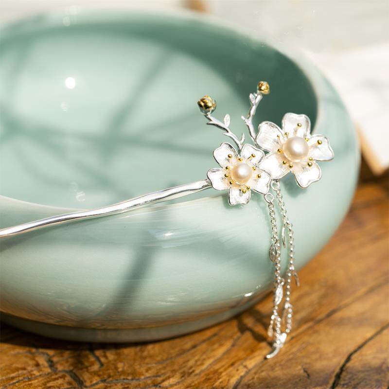 复古樱花流苏镀银发簪古典气质中国民族风簪子汉服步摇发饰头饰