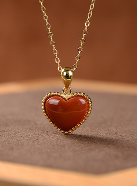 南红爱心玛瑙吊坠纯银项链复古金天然小红心锁骨链冷淡风轻奢礼物