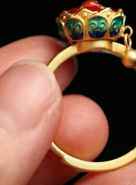 转经轮六字真言纯银饰品复古法金红玉个性女款宫廷原创手工戒指