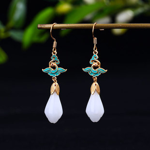 国潮珐琅滴釉白玉兰花耳坠古风珐琅彩耳环景泰蓝流苏旗袍轻奢耳饰