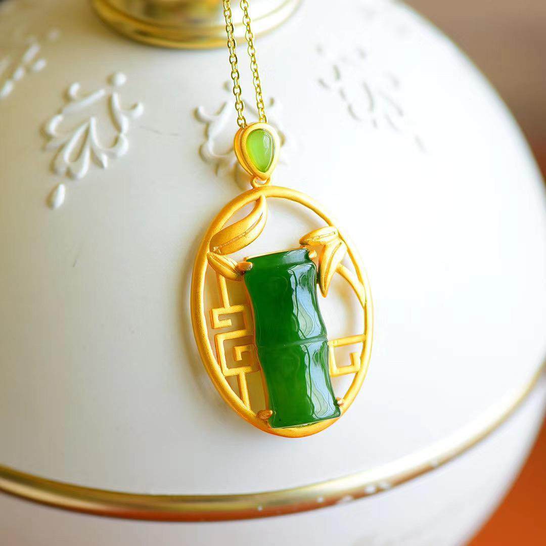 s925银和田碧玉竹节复古吊坠竹报平安节节高升寓意美好古法金镶嵌