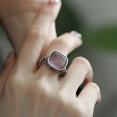 S925银方形玉扎基拉姆戒指女小众设计感纯银复古民族风紫水晶指环