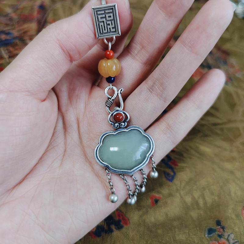 【称心如意】原创s925纯银压襟流苏中国风旗袍挂件和田玉汉服配饰