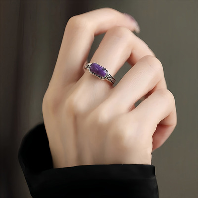 紫龙石S925银回纹马鞍戒指