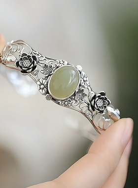 925银复古新中式荷花手镯子和田玉蛋面做旧开口调节锦鲤戏莲小众