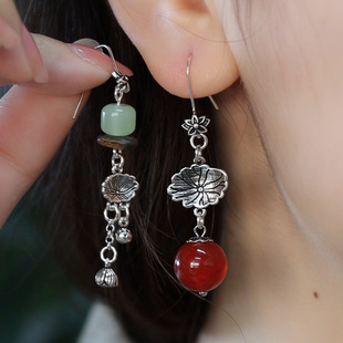 民族风925银复古荷叶莲蓬流苏耳环女不对称做旧小众设计百搭耳钩