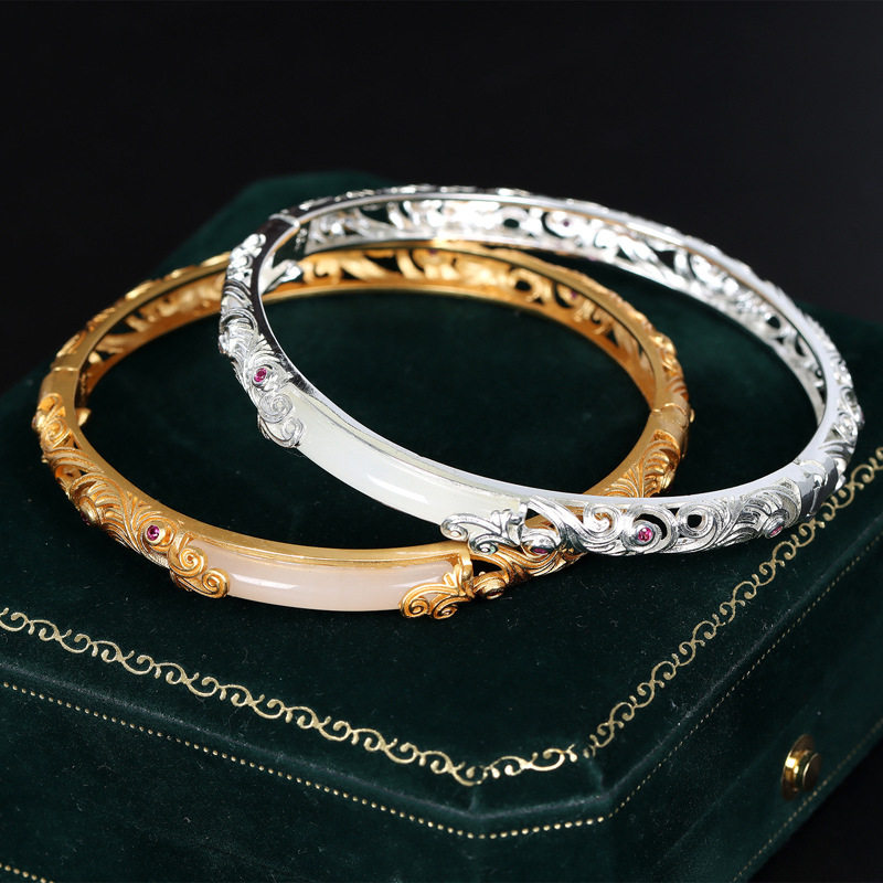 古法镀金银花丝S925银和田玉镂空手镯古风送女士情人节生日礼物