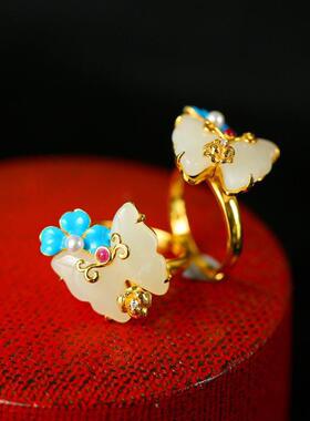 新款设计仙气是S925银景泰蓝白玉蝴蝶古典中国风开口戒指女饰品