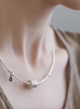 925银管复古新中式护身符桶珠项链锁骨链项圈轻奢简约高级感小众