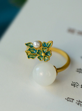 纯银古法金镶嵌和田玉珠戒指开口可调节复古国潮风指环珐琅女手饰