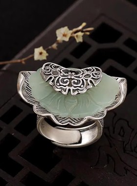 天青色蝴蝶戒指女款纯银民族风复古做旧厚实质感新中式开口指环