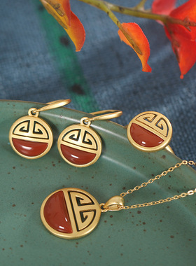 S925纯银金币镀金镶嵌南红玛瑙套装个性小巧镂空福纹气质女士耳坠