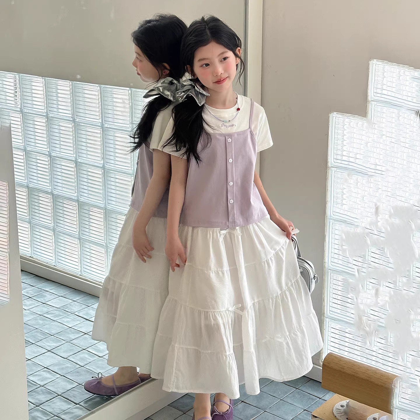 DWDZ女童假两件短袖半身裙套装夏季薄款儿童洋气新款女孩T恤裙子