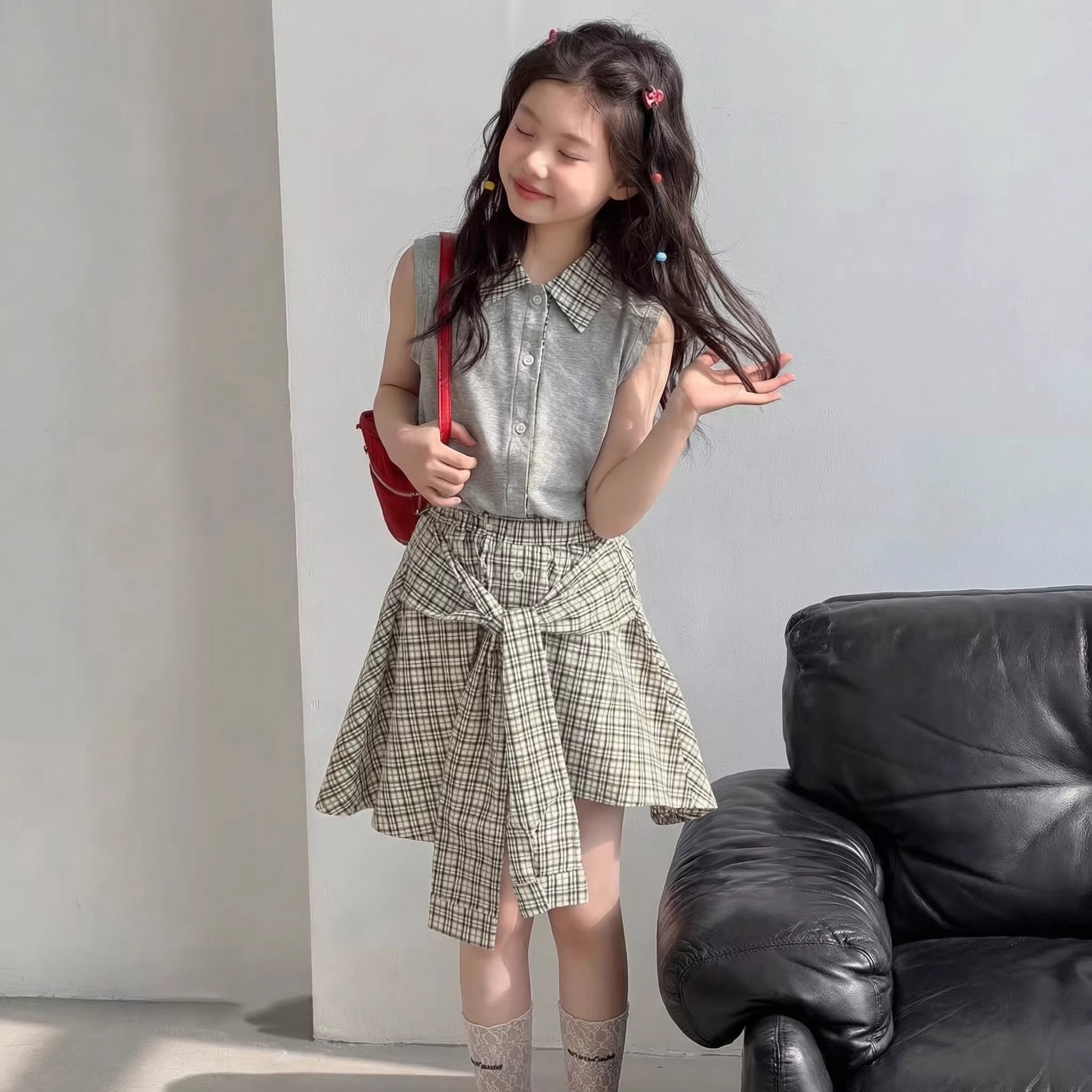 DWDZ女童格子短裙套装夏季新款无袖T恤裙子上衣半身裙儿童夏装潮