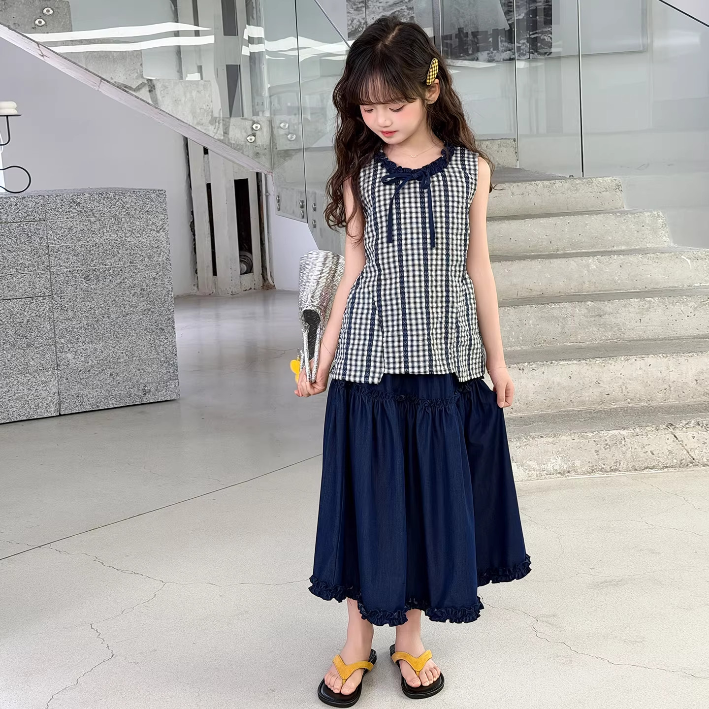 DWDZ女童格子上衣长裙套装夏季新款短袖牛仔裙T恤裙子女大童夏装