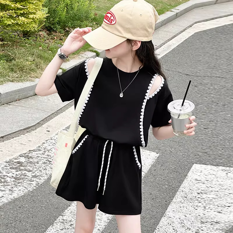 DWDZ短袖短裤女童套装2026新款儿童针织T恤女大童黑色洋气夏装潮