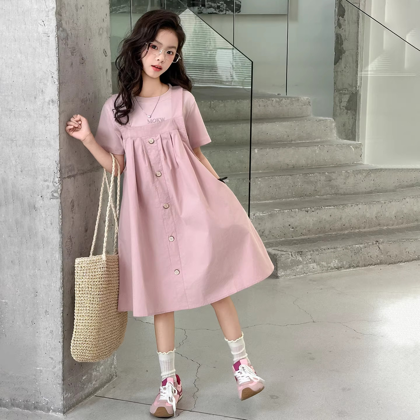 DWDZ女童背带裙两件套夏款新款短袖连衣裙上衣裙子女大童超仙夏装