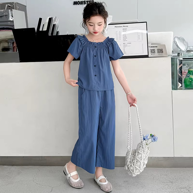 DWDZ女童方领娃娃衫牛仔套装夏季新款女大童薄款九分裤女孩夏装